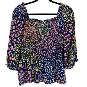 Nanette Lepore Smocked Floral Peasant Blouse Womens Large Multicolor Garden Girl
